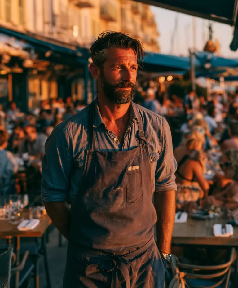 Restaurateur sur sa terrasse en pleine saison estivale, gestion de la saisonnalité en restauration