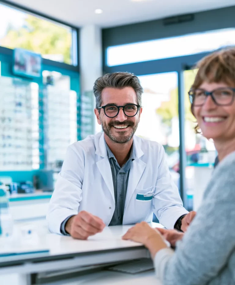 Opticien développant la contactologie et l'adaptation de lentilles dans son magasin d'optique.