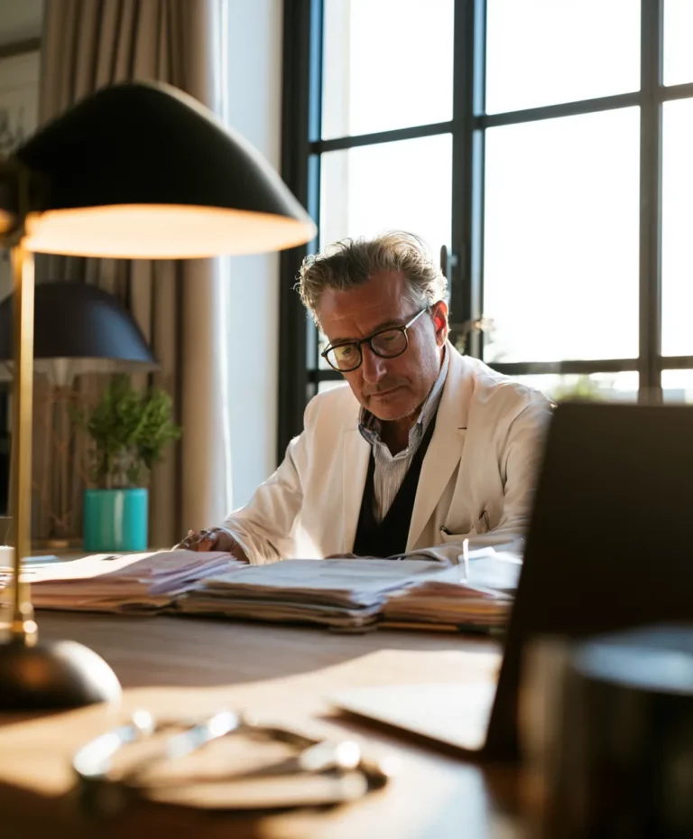 Médecin libéral français analysant l'impact de la convention médicale 2024-2029 dans son cabinet.