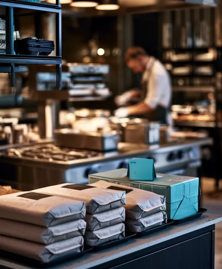 Cuisine fantôme professionnelle dédiée à la livraison, sacs de commandes prêts au départ.
