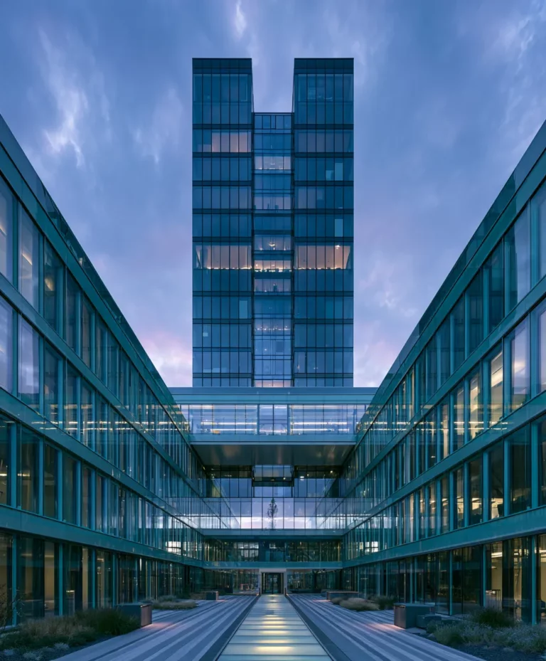 Société holding représentée comme un bâtiment mère reliant ses filiales, structuration de patrimoine professionnel.