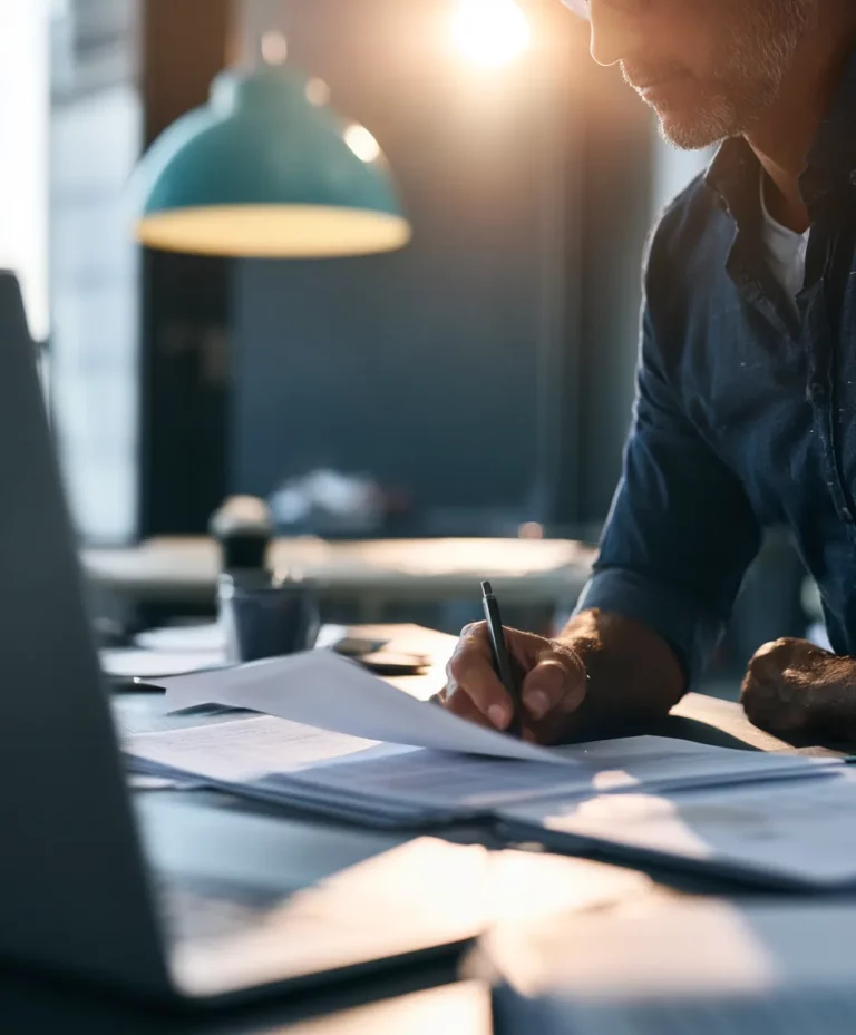 Investisseur immobilier analysant ses documents financiers LMNP sur un bureau moderne