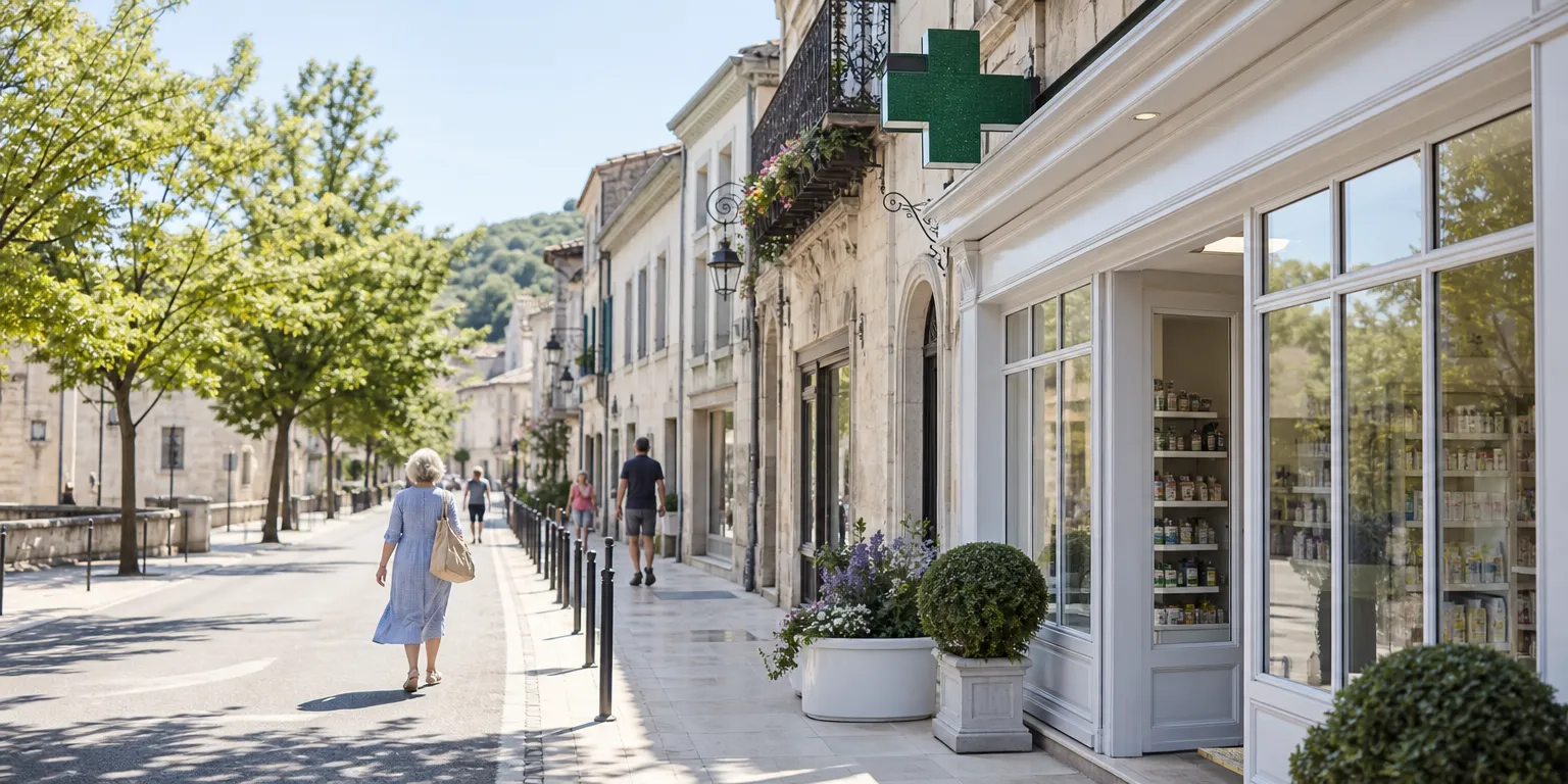 Devanture d'une officine dans une rue de centre-ville française — marché du rachat d'officine en 2026