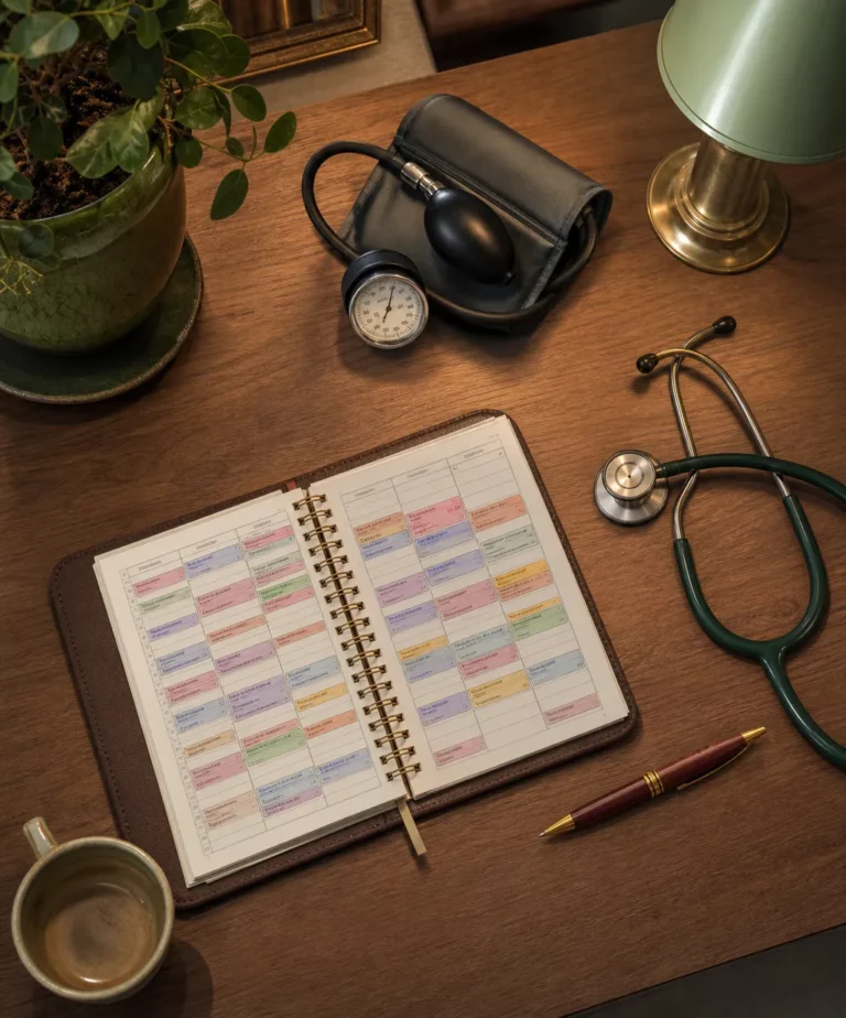 Bureau d'accueil d'un cabinet médical avec stéthoscope et agenda rempli, illustrant l'embauche d'un assistant médical