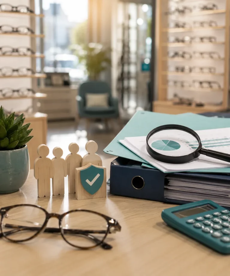 Opticien indépendant vérifiant la paie de son magasin, contribution ADPOLD 2026 et collecte URSSAF
