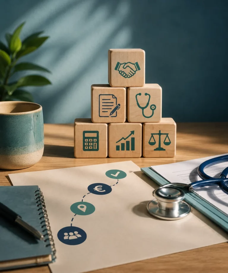 Jeune médecin remplaçant examinant son contrat de remplacement dans un cabinet médical