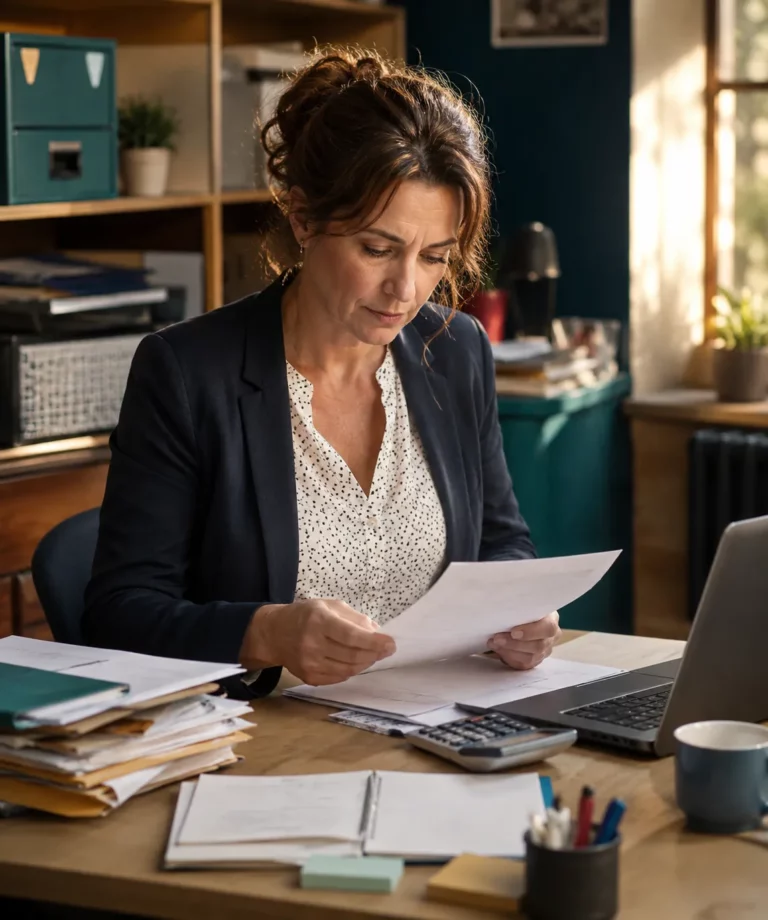 dirigeante de TPE vérifiant un bulletin de paie et le calcul de la RGDU 2026 dans son bureau