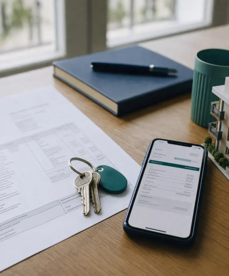 Facturation électronique pour une agence immobilière : facture papier, clés d'appartement et facture numérique sur smartphone