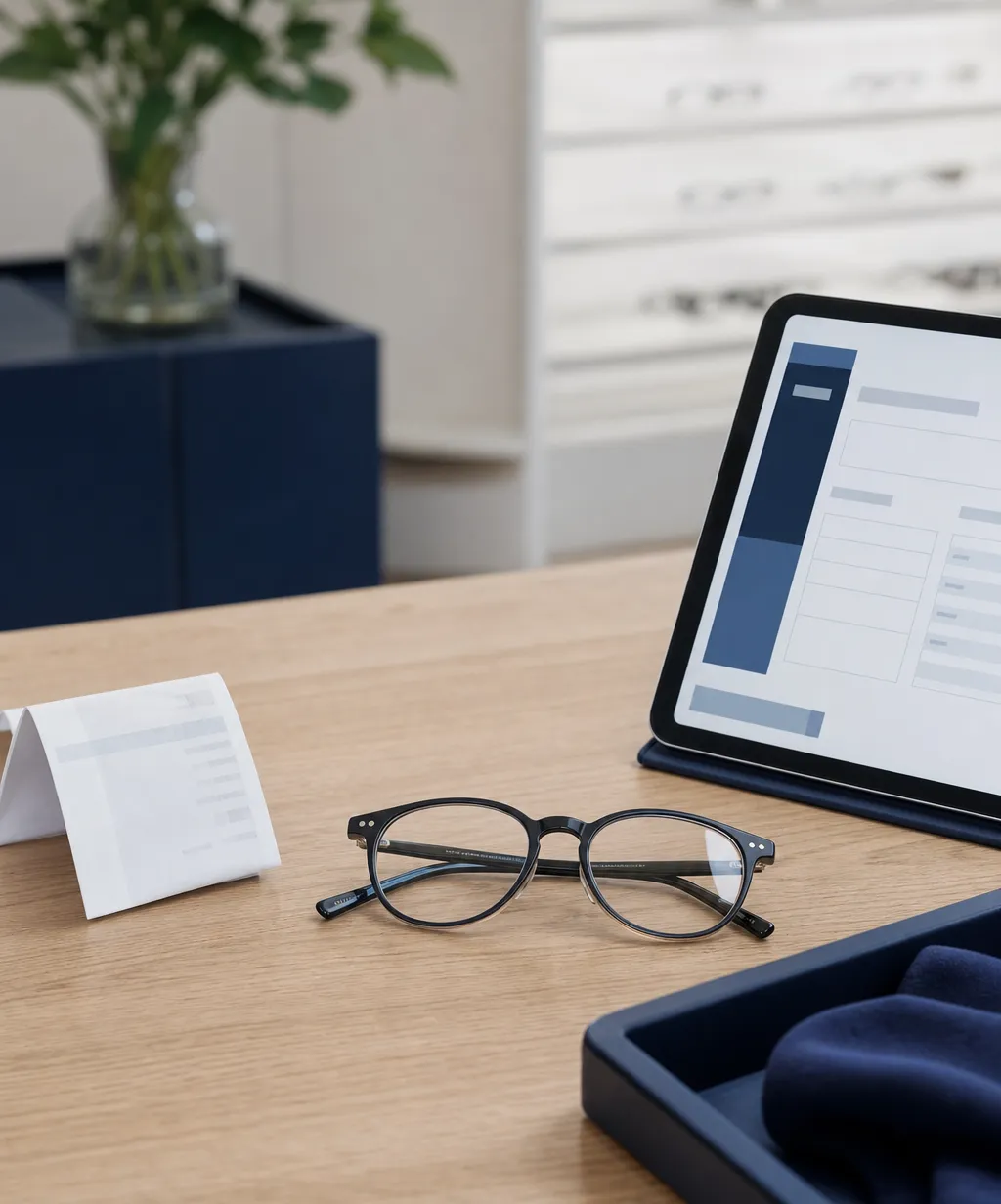 Facturation électronique opticien : lunettes sur un comptoir entre un reçu papier et une facture numérique sur tablette