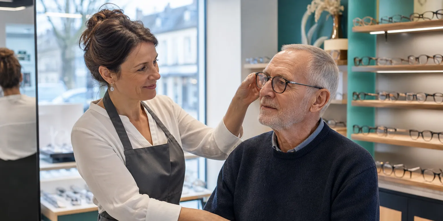Opticienne conseillant un client dans un magasin d'optique français, choix de montures