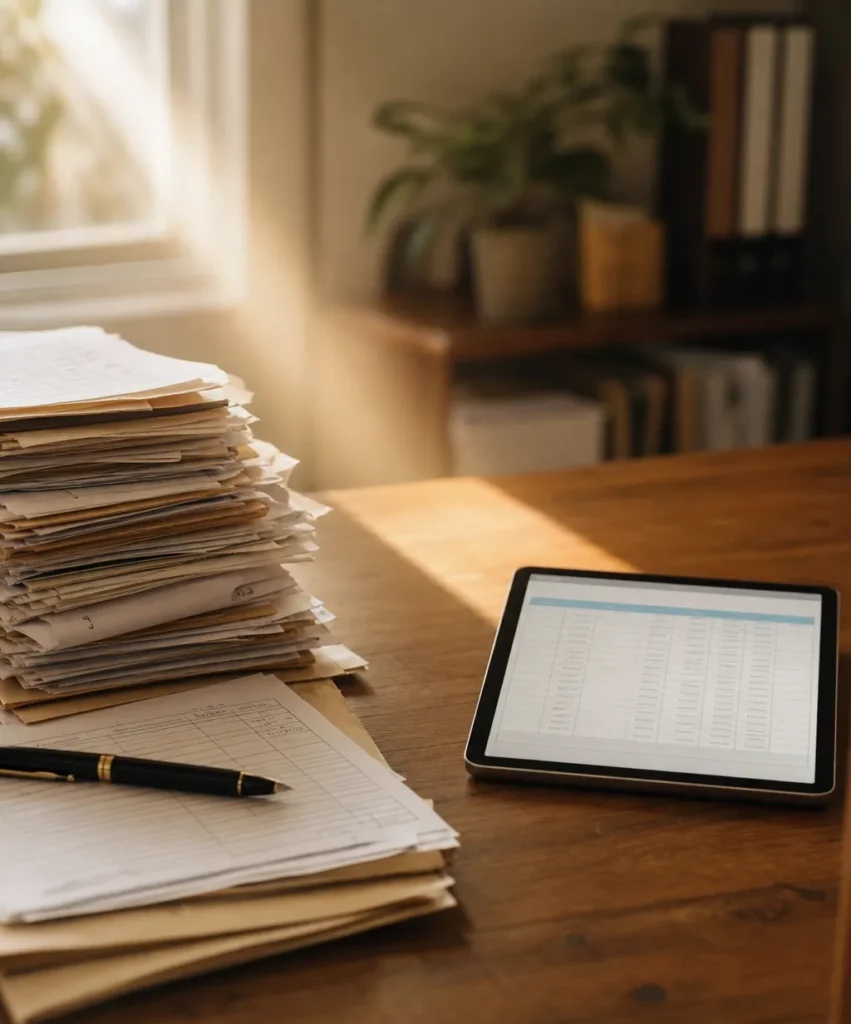 Transition du papier vers la facturation électronique symbolisée sur un bureau, factures papier et tablette numérique