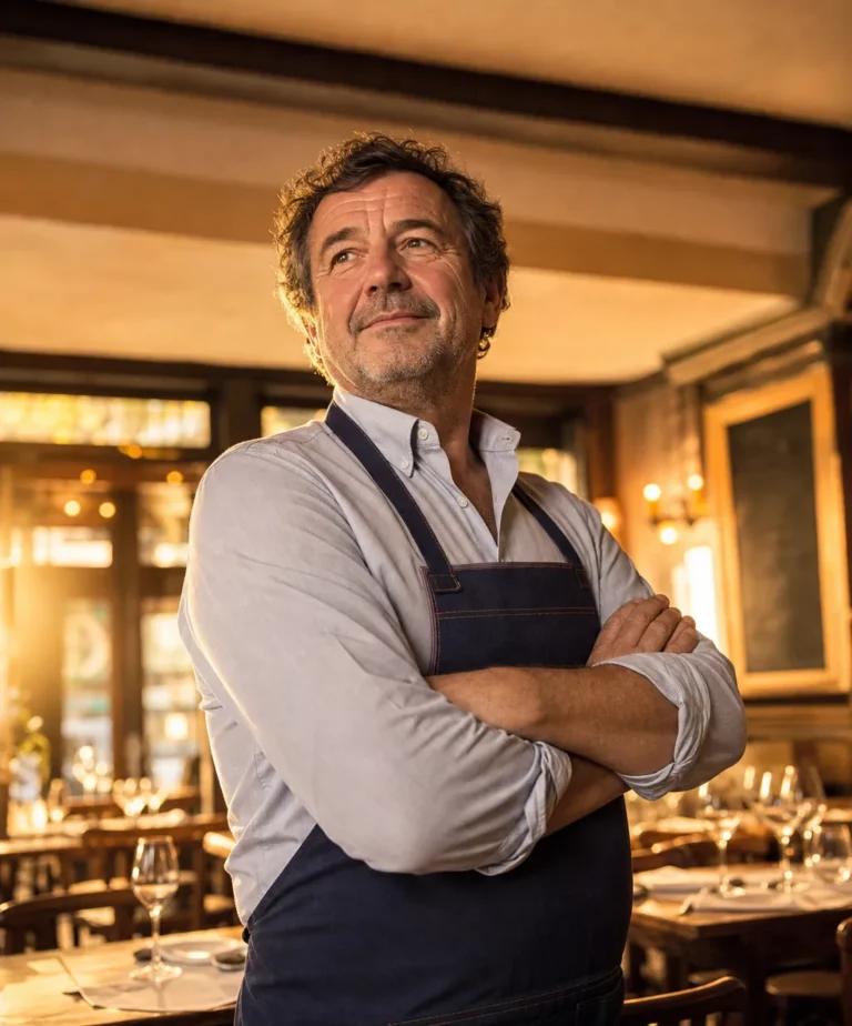 Restaurateur français dans sa salle préparant la facturation électronique de son restaurant