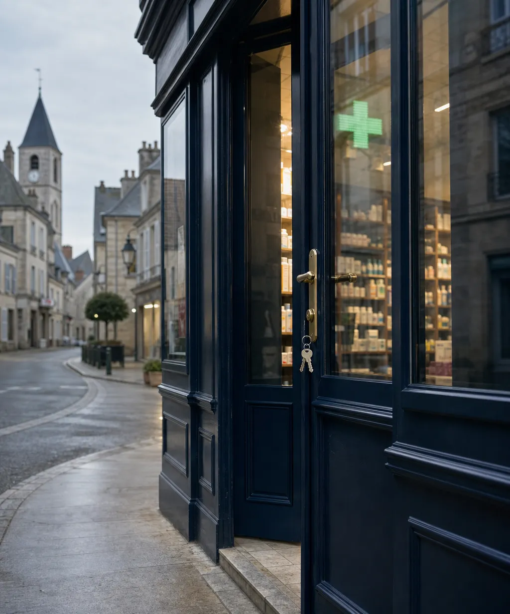 Porte d'une officine française qui s'ouvre, symbole du financement de l'achat d'une pharmacie et de l'installation du pharmacien