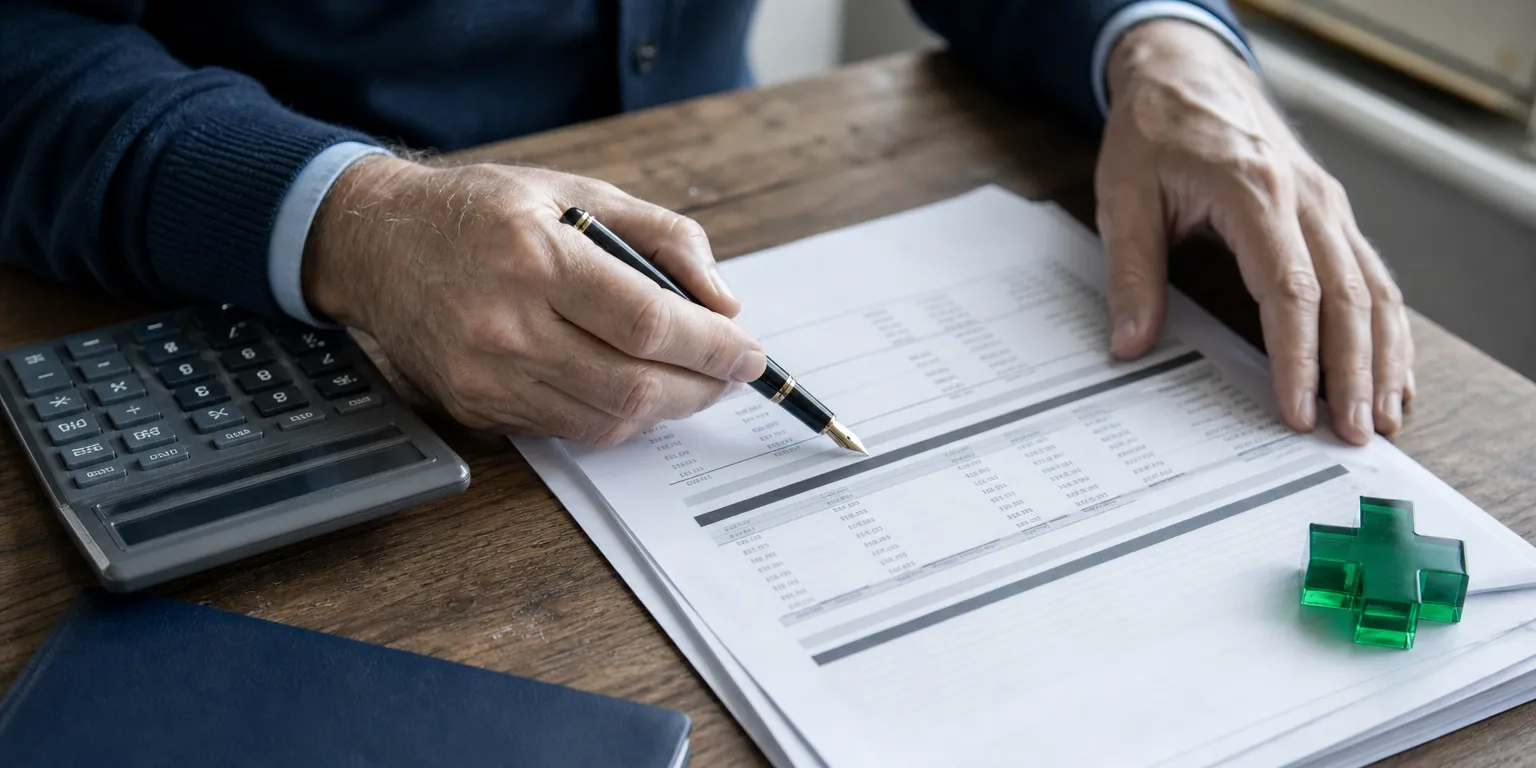 Calcul du prix de cession d'une officine : mains d'un pharmacien avec calculatrice et rapport d'évaluation, étape clé du financement achat pharmacie