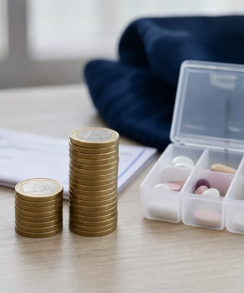 Deux piles de pièces d’un euro à côté d’un pilulier — plafond annuel des franchises médicales porté de 50 à 70 euros au 1er octobre 2026
