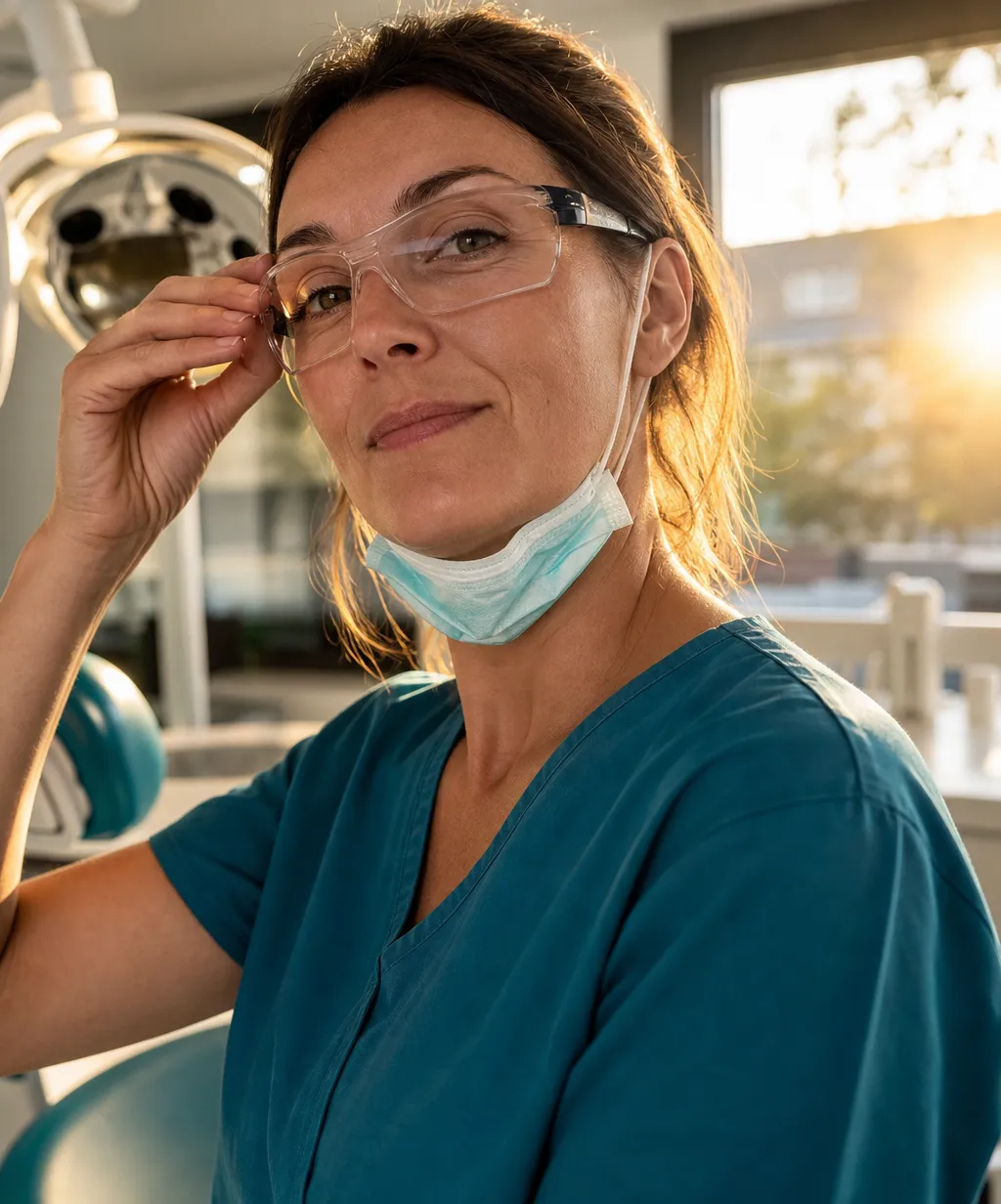 Chirurgienne-dentiste dans son cabinet dentaire, prête à accueillir la génération sans carie élargie aux 26 ans