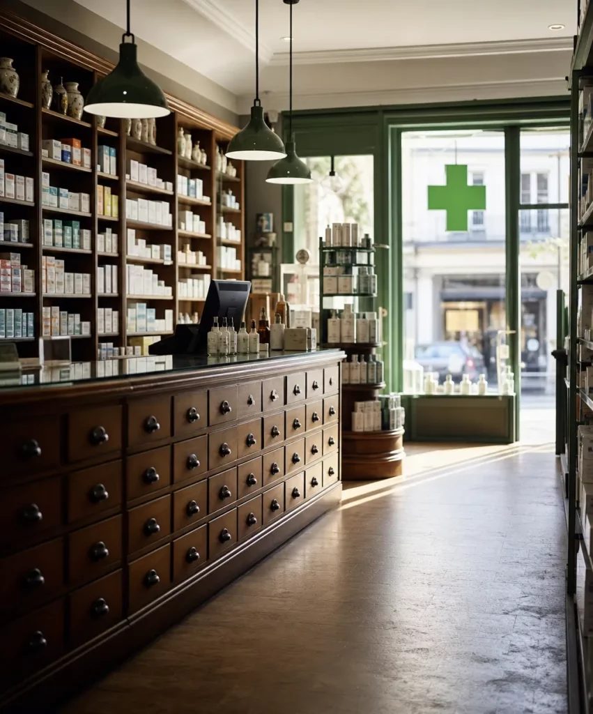 Intérieur d'une officine française illustrant les honoraires de dispensation et la rémunération de la pharmacie en 2026