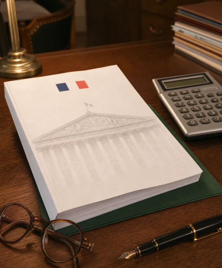 Loi de finances 2026 : document budgétaire officiel posé sur le bureau d'un cabinet comptable