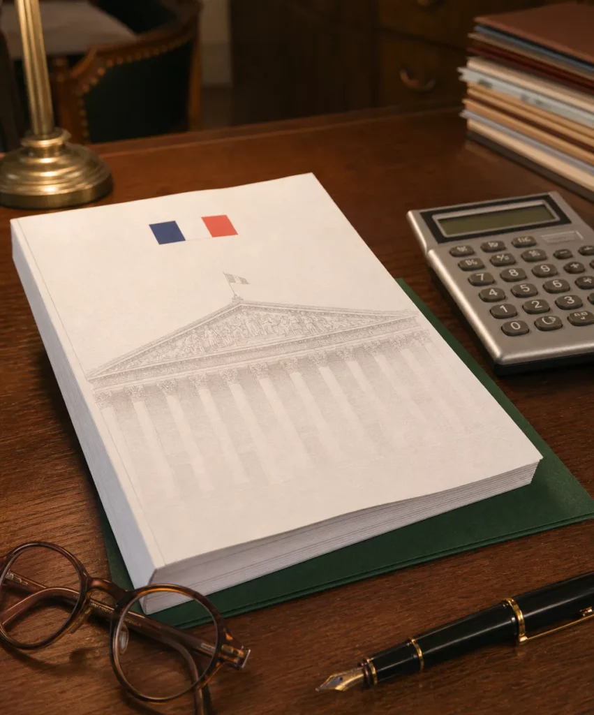 Loi de finances 2026 : document budgétaire officiel posé sur le bureau d'un cabinet comptable