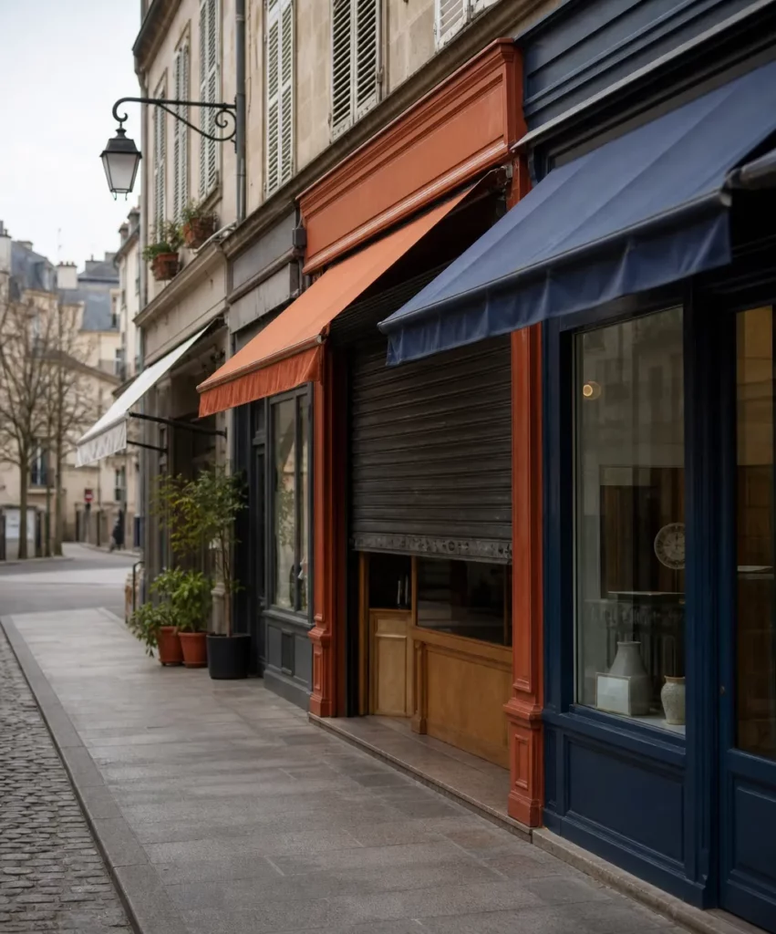 Devanture d'un commerce français au petit matin, symbole d'une cession d'entreprise encadrée par la loi Hamon