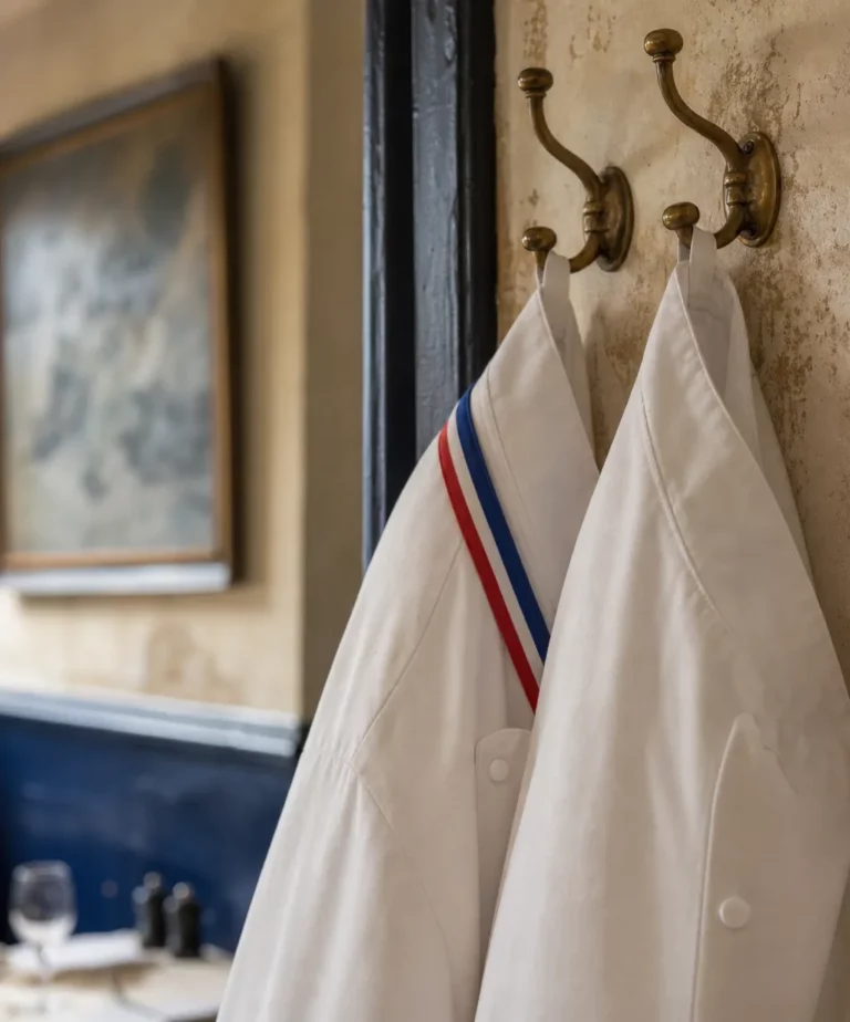 Deux vestes de chef côte à côte symbolisant le titre de maître restaurateur désormais partageable dans un même établissement
