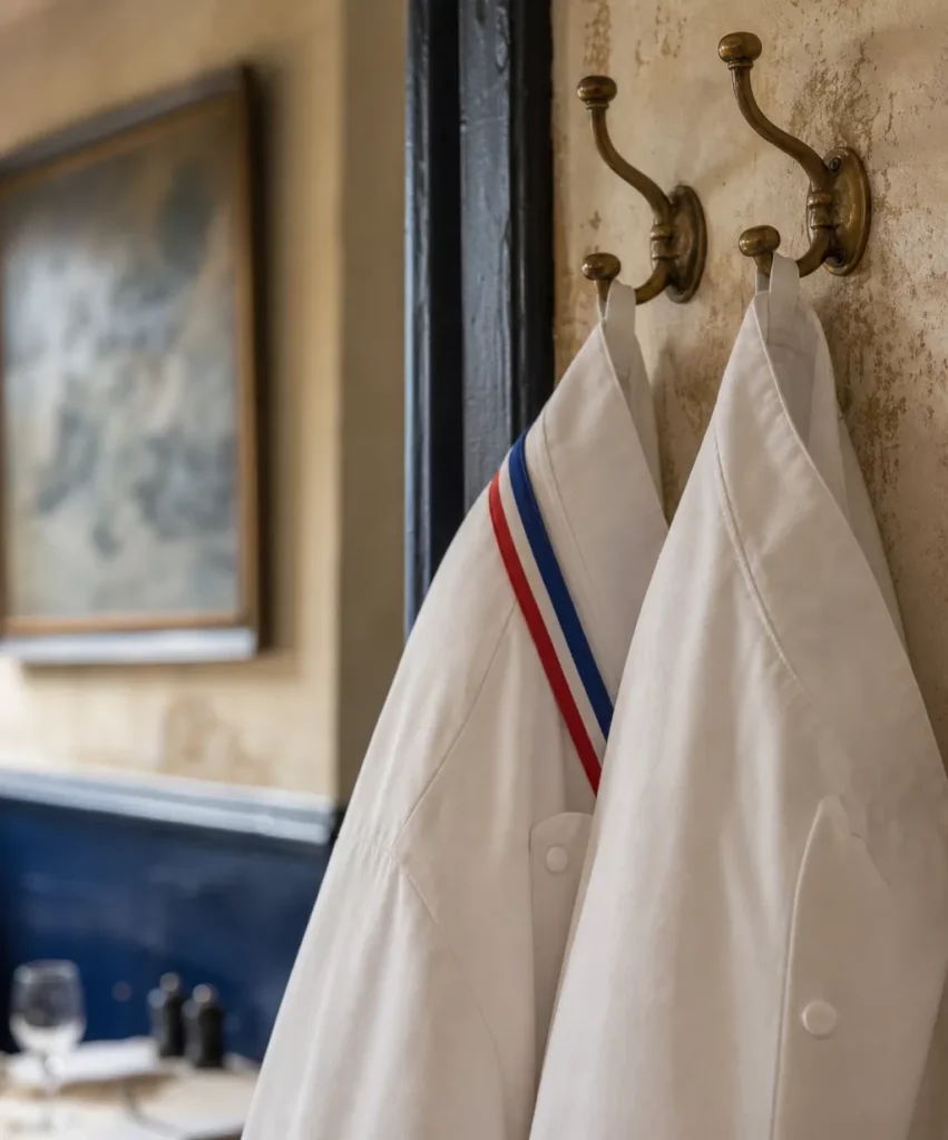 Deux vestes de chef côte à côte symbolisant le titre de maître restaurateur désormais partageable dans un même établissement