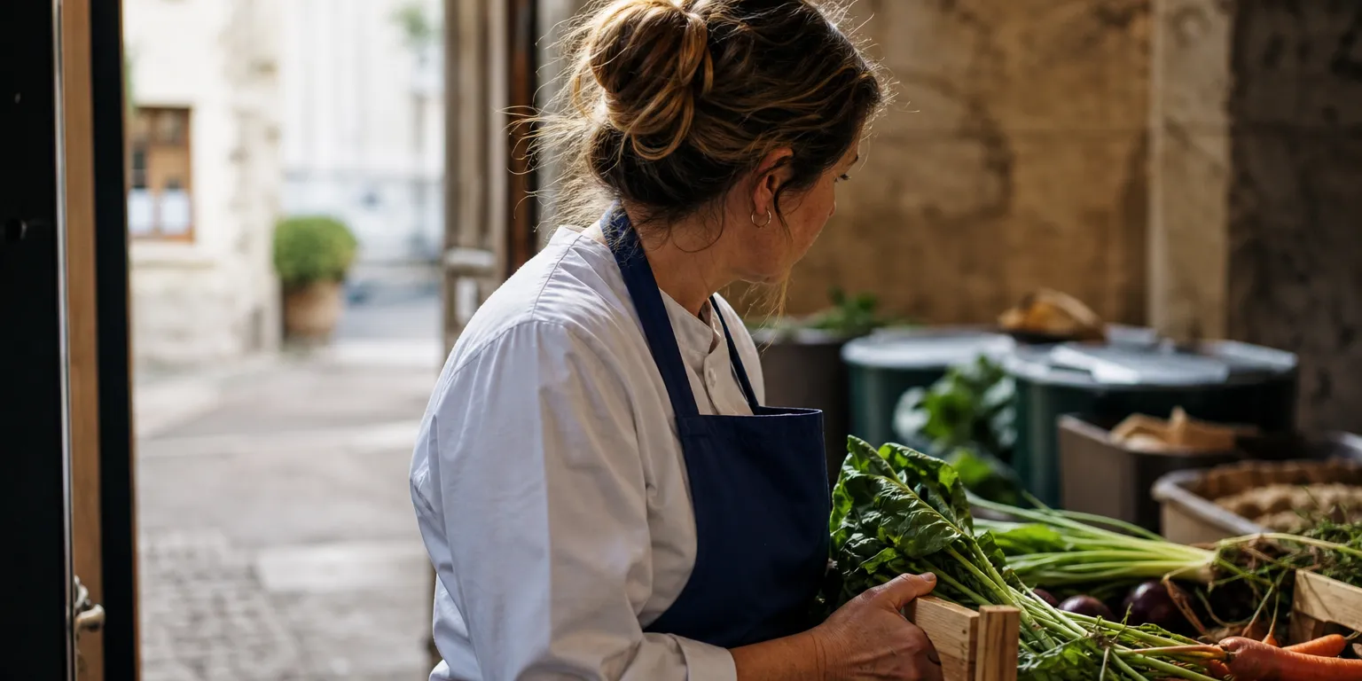 Restauratrice contrôlant des produits frais locaux, illustrant le 5e thème environnemental du cahier des charges du maître restaurateur