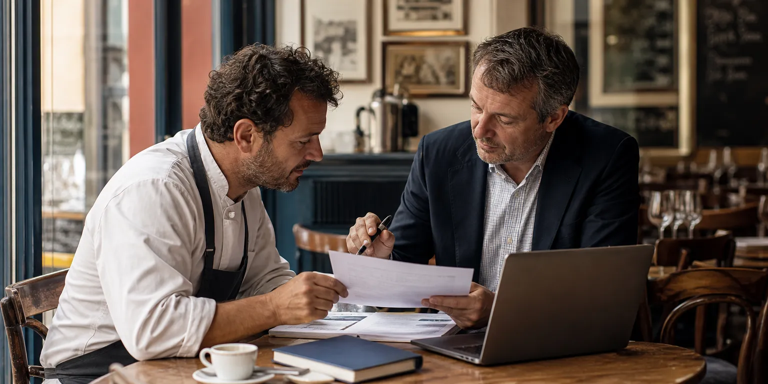 Restaurateur et expert-comptable vérifiant la checklist de conformité aux conditions du titre de maître restaurateur avant candidature