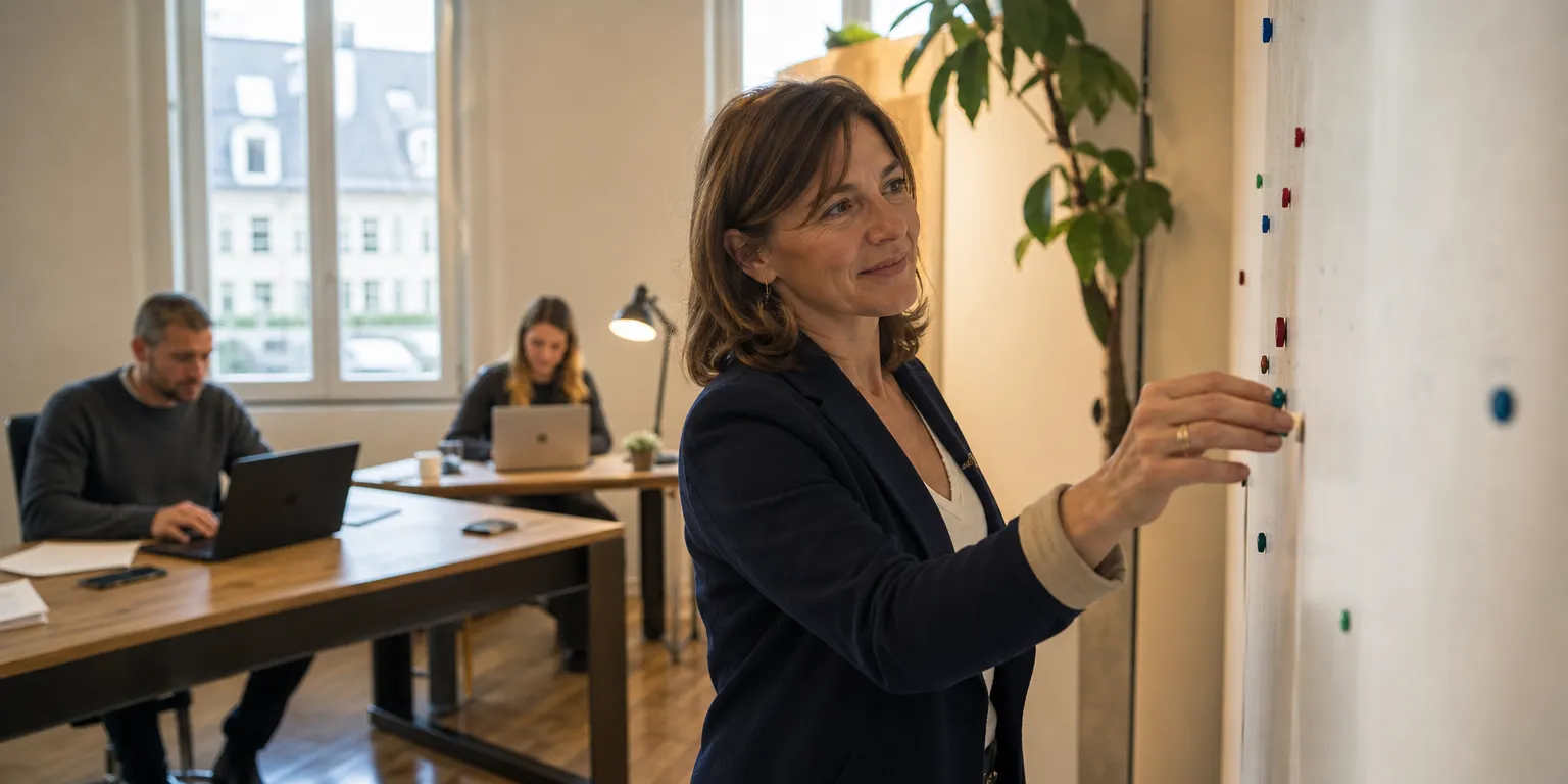 Dirigeante de PME française organisant les jours de RTT de son équipe sur un planning mural