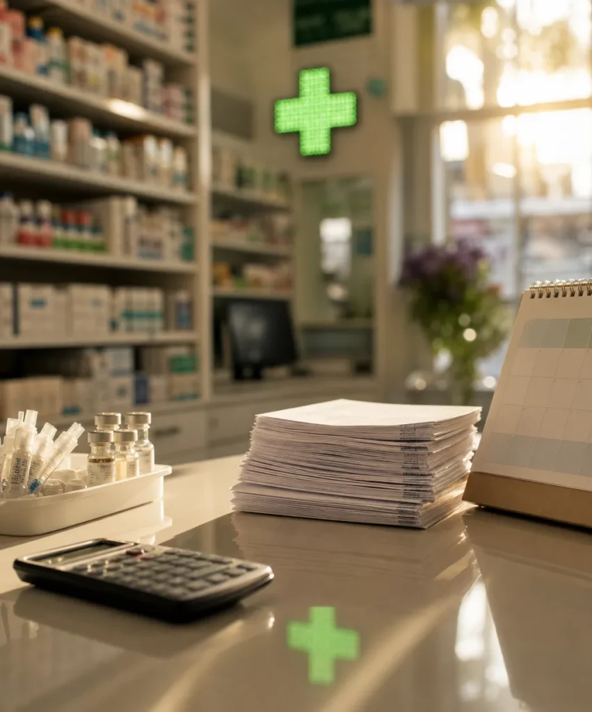 Scène métaphorique de cotation 2026 des nouvelles missions pharmacien en officine