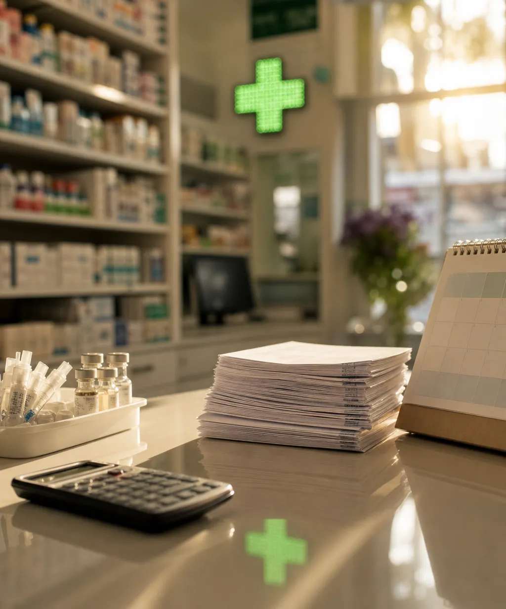 Scène métaphorique de cotation 2026 des nouvelles missions pharmacien en officine