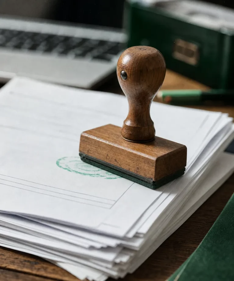 Tampon officiel posé sur une pile de factures papier symbolisant l'agrément d'une plateforme de dématérialisation