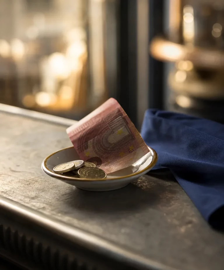 Pourboires exonérés 2026 posés sur une soucoupe dans un bistrot français, pièces et billet en euros