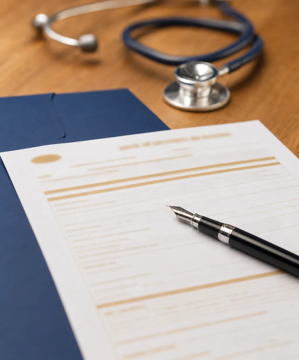 Avis d'arret de travail et stylo sur le bureau d'un medecin, plafonnement de la duree de prescription en 2026
