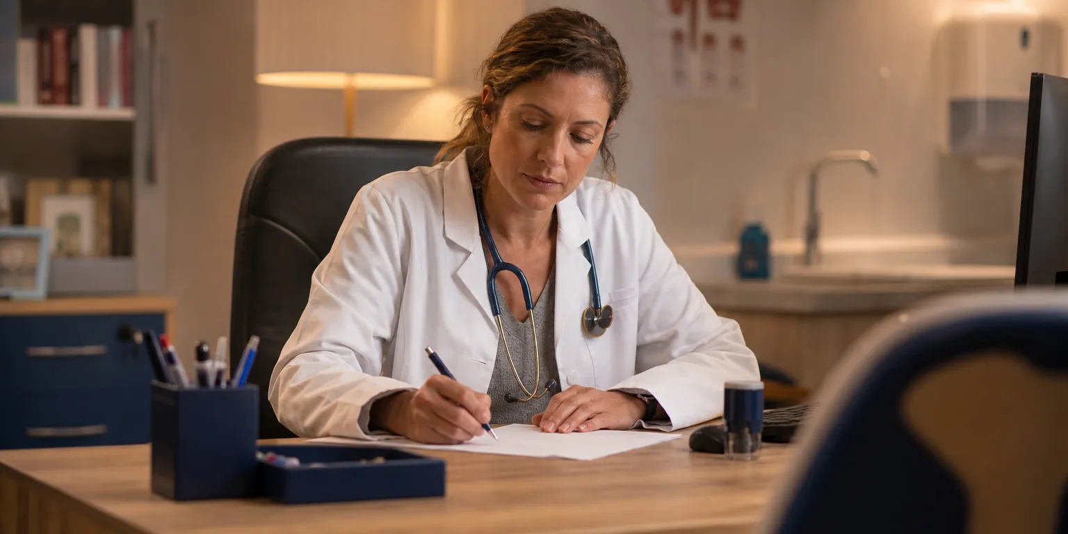 Medecin remplissant une prescription d'arret de travail dans son cabinet, nouvelle duree maximale de 31 jours
