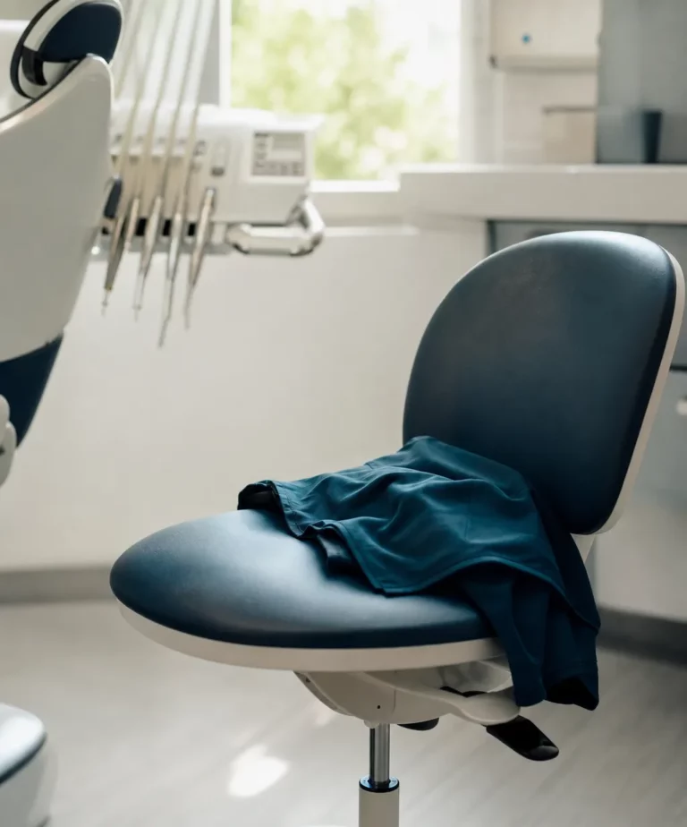 Tabouret d'assistante dentaire vide près d'un fauteuil, illustrant le recrutement d'une assistante dentaire dans un cabinet