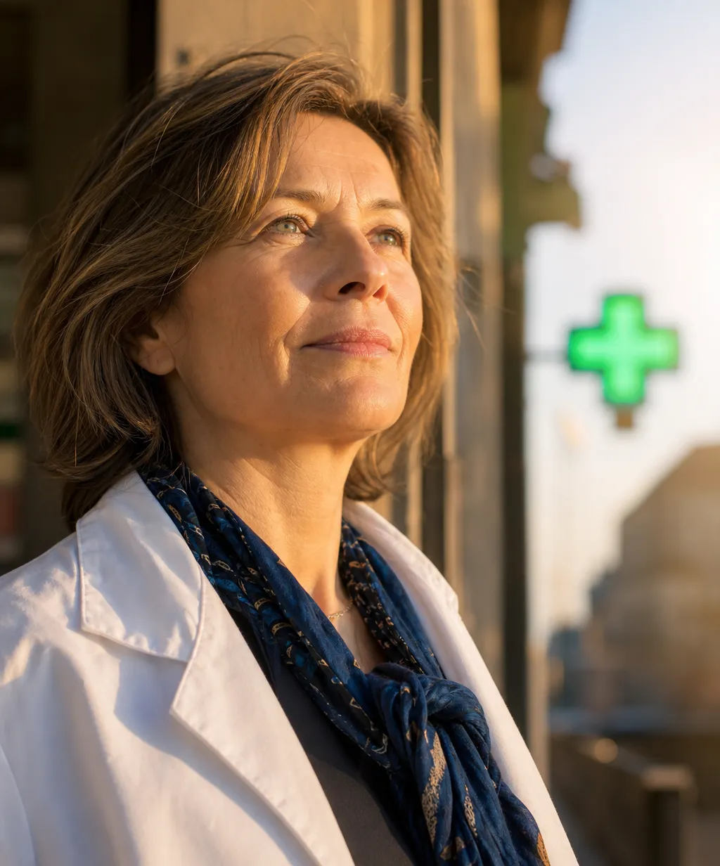Pharmacienne titulaire déterminée devant son officine au coucher du soleil, symbole de la réforme de la rémunération officinale 2026