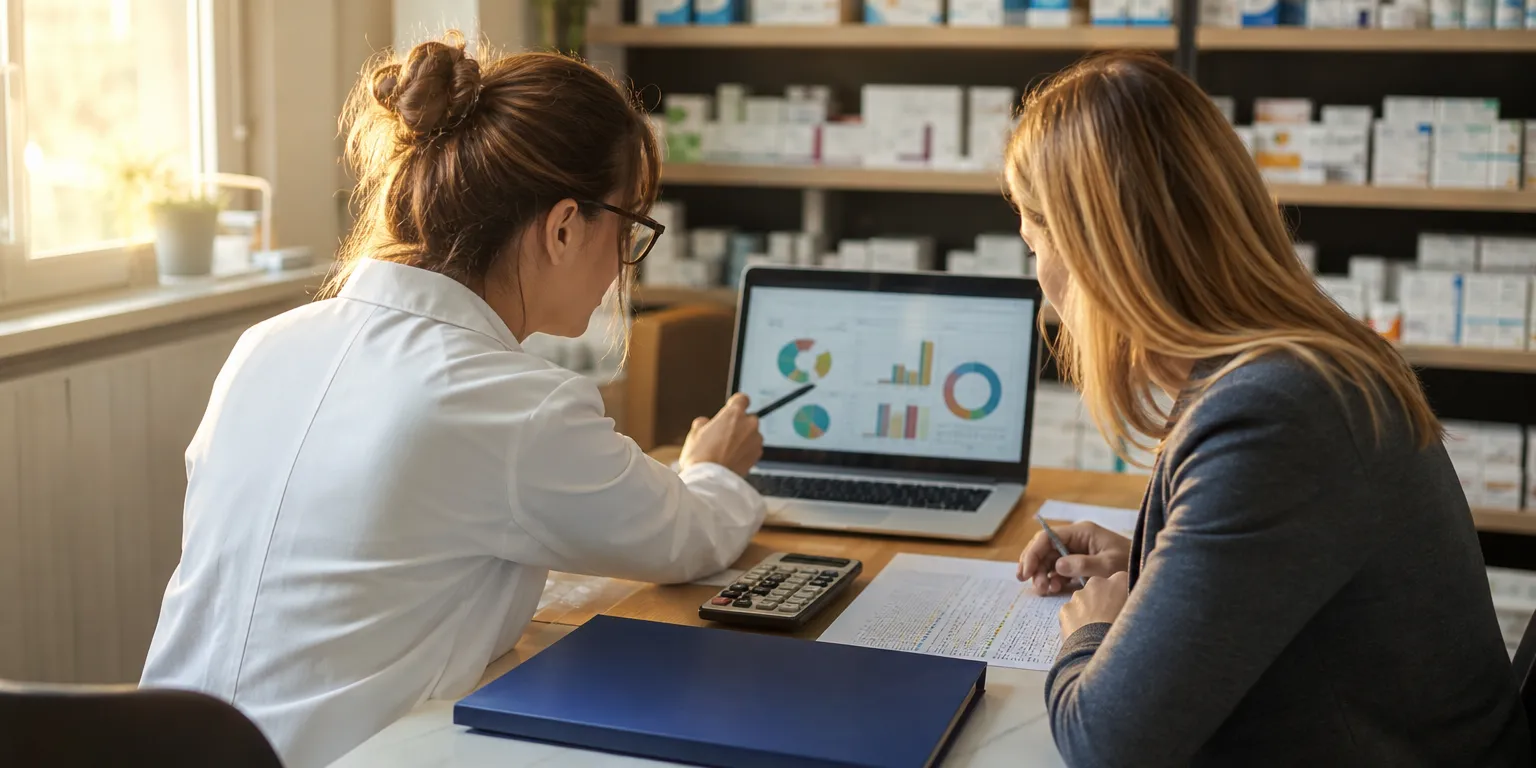 Pharmacienne et expert-comptable simulant l'impact de la réforme sur la marge d'une officine type