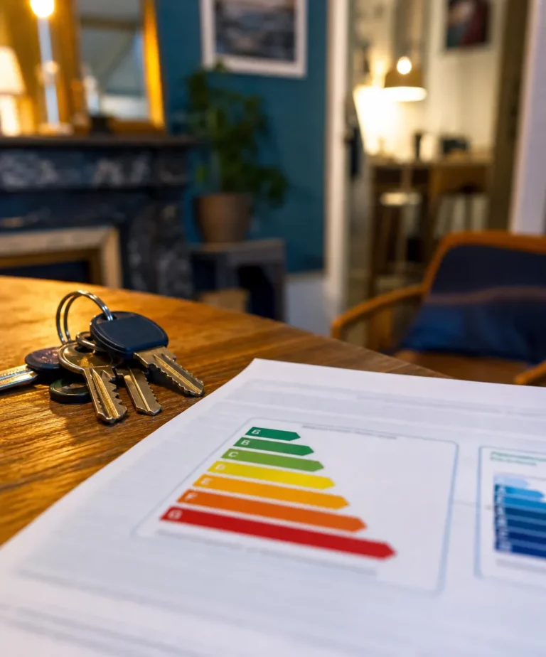 Étiquette DPE et clés d'appartement posées sur une table, symbole des passoires thermiques F et G et du projet Relance logement