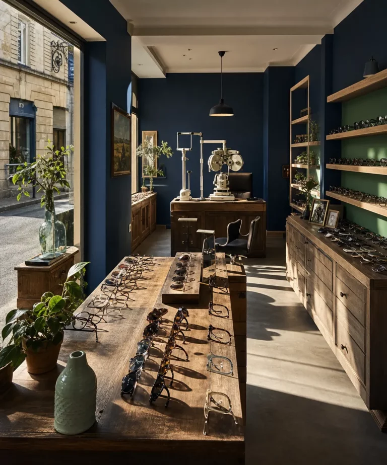 Intérieur d'un magasin d'opticien en France, présentoirs de montures et poste de mesure pour le renouvellement des verres