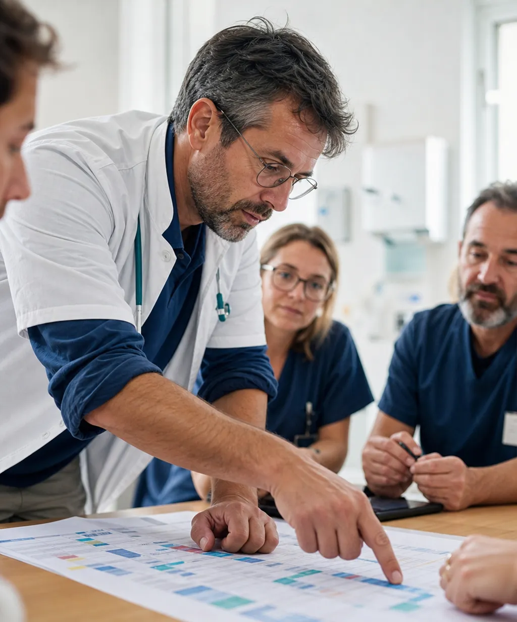 Médecin de premier recours préparant un projet France Santé en équipe