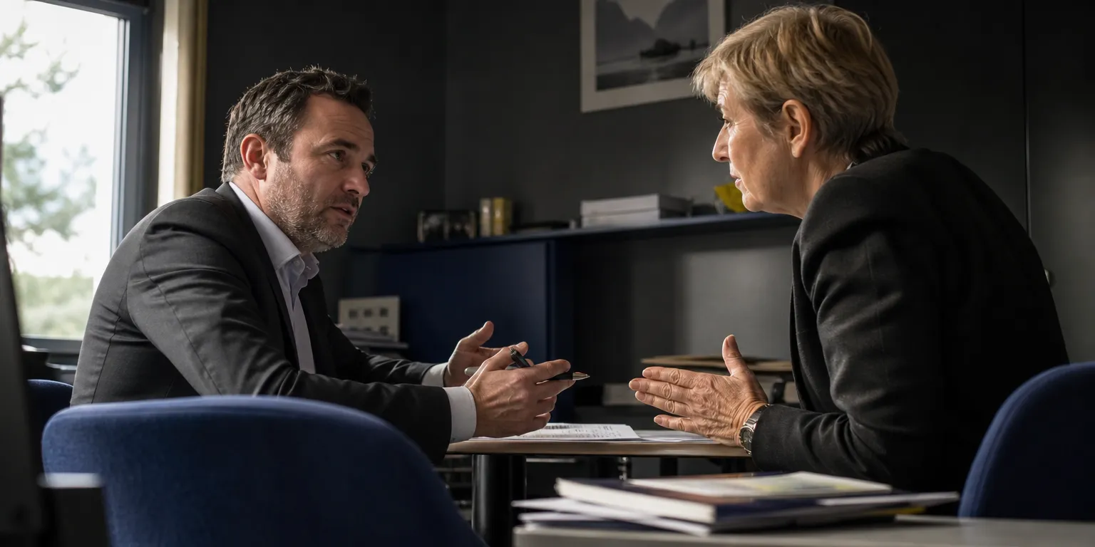 Entretien de négociation d'une rupture conventionnelle entre un employeur et une salariée senior à la rentrée 2026