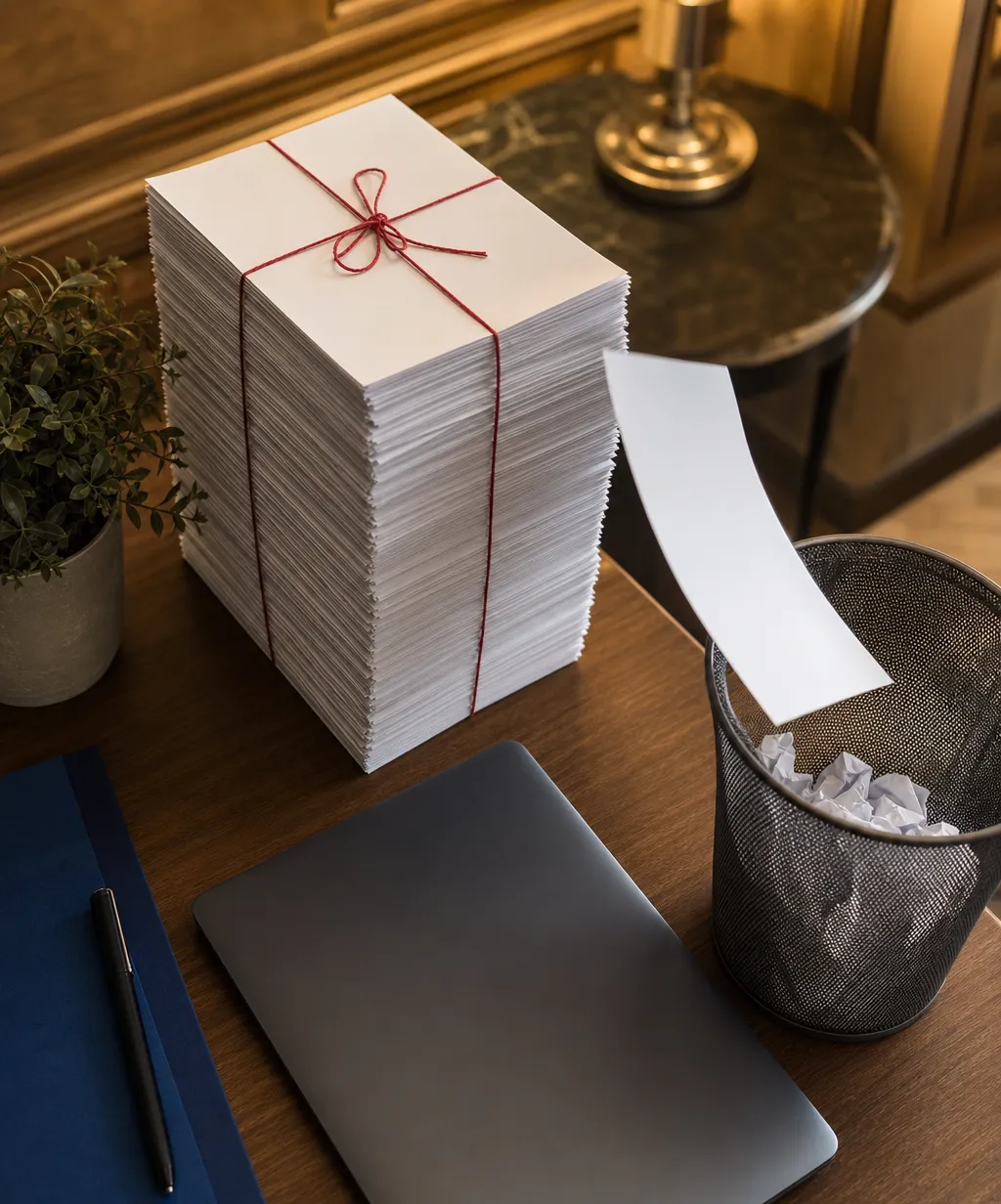 Pile de formulaires Cerfa papier prête à disparaître, symbole de la suppression des Cerfa et de la simplification des démarches administratives
