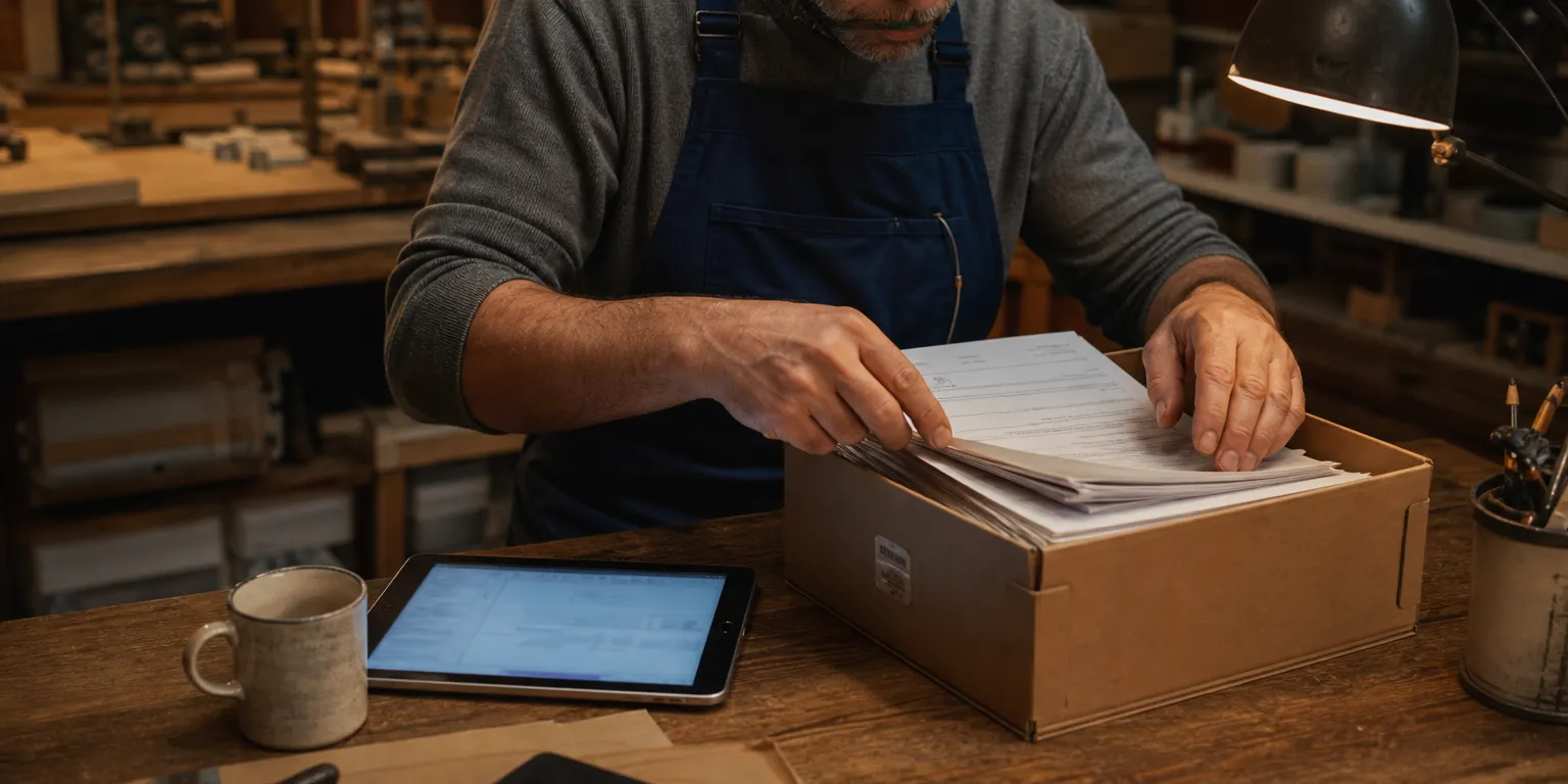 Suppression des Cerfa : artisan français archivant ses anciens formulaires papier remplacés par des démarches en ligne préremplies