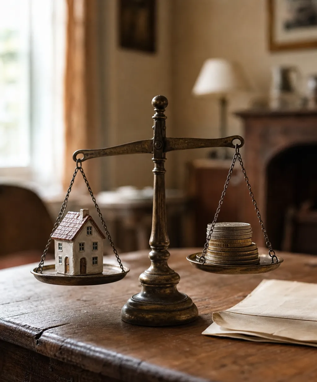 Balance ancienne pesant une maison miniature et des pièces en euros, métaphore de la taxe foncière 2026 à vérifier avant de payer