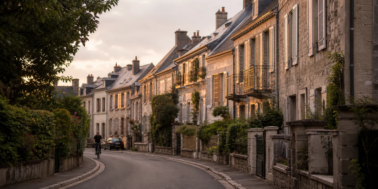 Rue résidentielle française aux façades en pierre, logements concernés par la revalorisation des valeurs locatives de la taxe foncière 2026