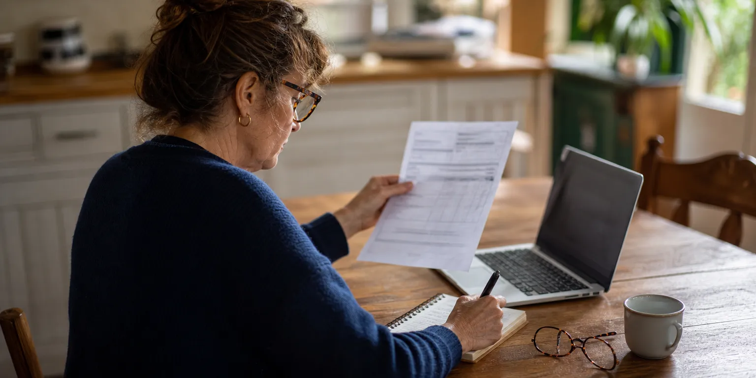 Bailleuse vérifiant son avis de taxe foncière 2026 avec une checklist avant paiement, valeur locative et montants contrôlés