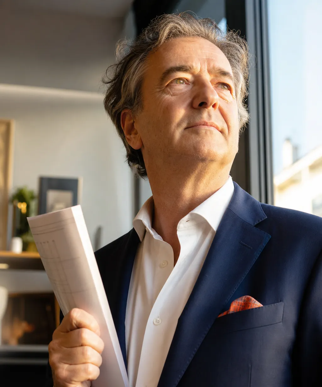 Dirigeant de holding patrimoniale déterminé à la tombée du jour, document en main, symbolisant l'anticipation de la taxe sur les holdings patrimoniales 2026