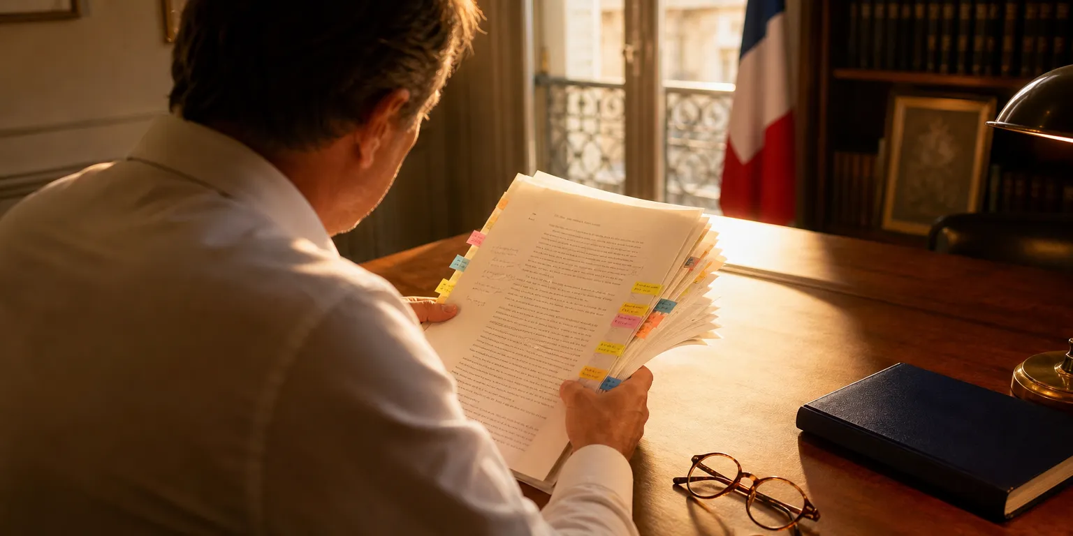 Dirigeant lisant le texte de la loi de finances 2026 instaurant la taxe sur les holdings patrimoniales, article 235 ter C du CGI