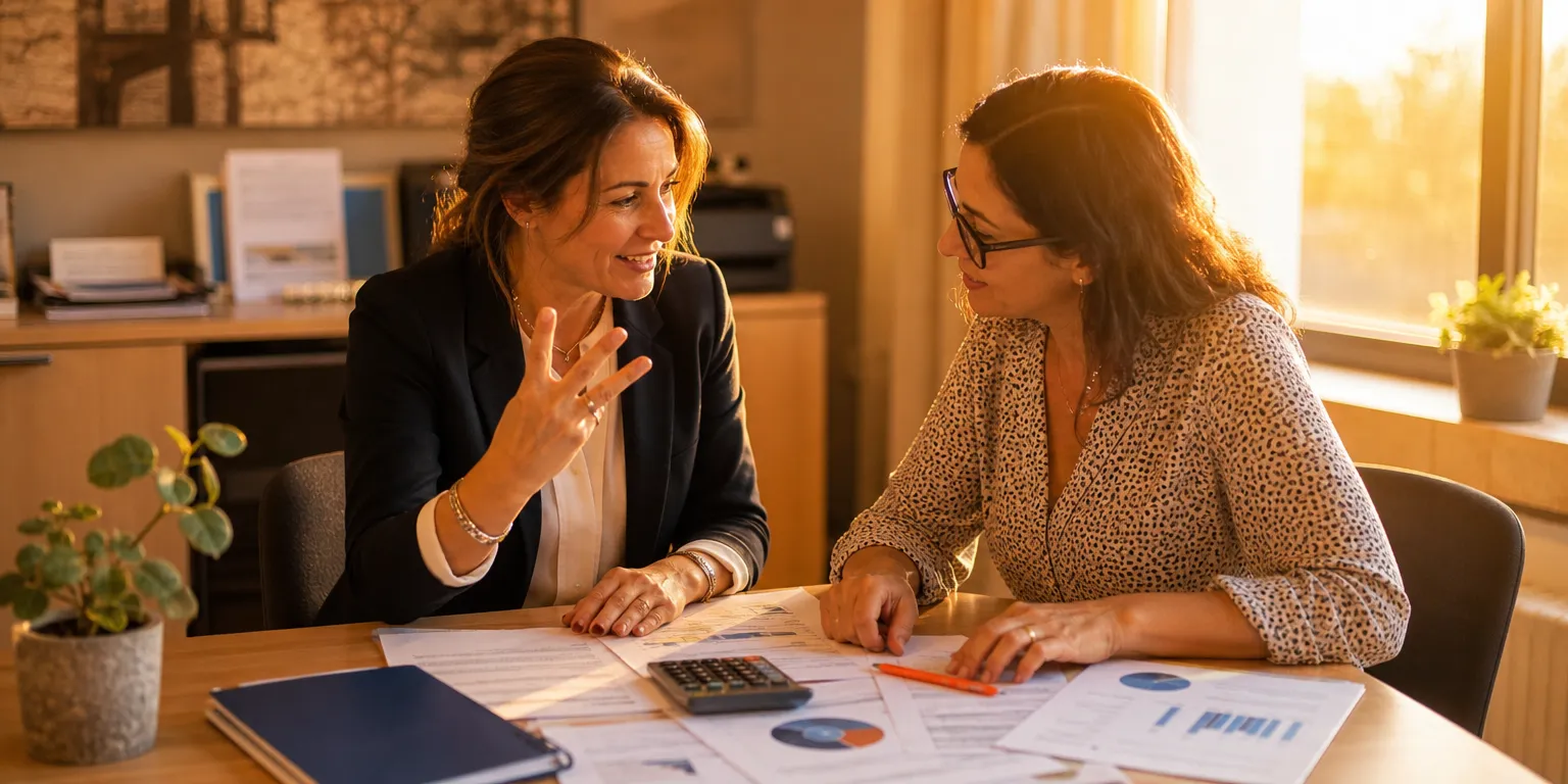 Dirigeante et expert-comptable vérifiant les trois conditions cumulatives de la taxe holding patrimoniale : seuil 5 millions, contrôle et revenus passifs